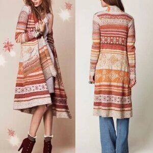 Free People Orange Red Fair Isle Nordic Print Maxi Cardigan Duster Sweater S
